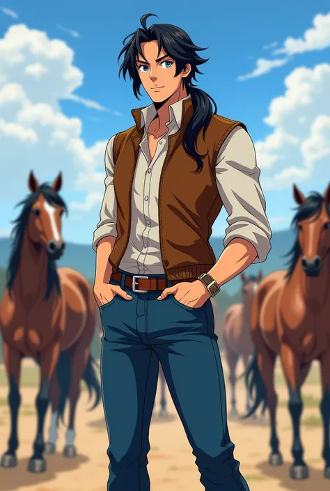 Seiya Kou anime man smiling out loud  (kind look) blue eyes long black hair tied in a low ponytail ,  blue denim pants brown vest on the ranch with the horses(handsome cowboy) Full body anime style