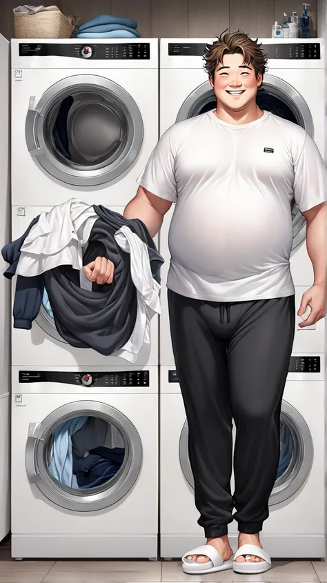 realistic Anime style 1 handsome semi fat guy, semi messy hair, wearing white shirt and black jogging pants white slippers and his putting dress and clothes on the washing machine with charming smile, full body shot, accurate prompt details, no blurry, per...