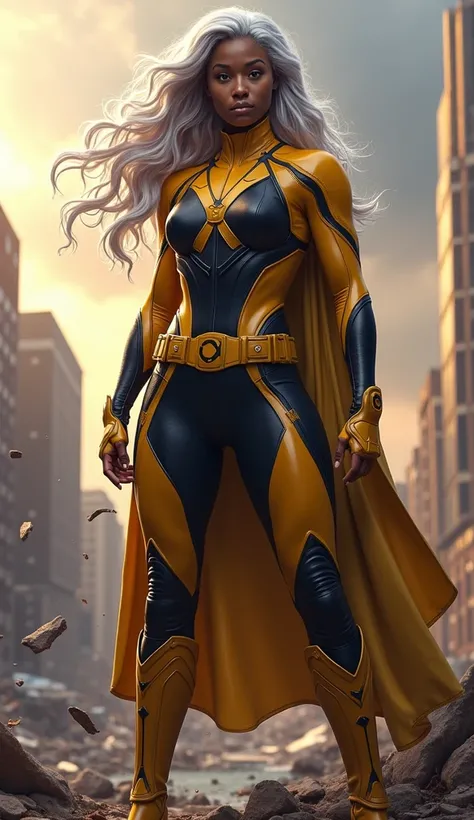 HOT ((Full body photo, standing, feet on the ground)) female Storm character from the movie X-men, full body, dark skin, beautiful caucasian face, long platinum hair, "X" symbol, yellow and black hero suit epic. Destroy City background