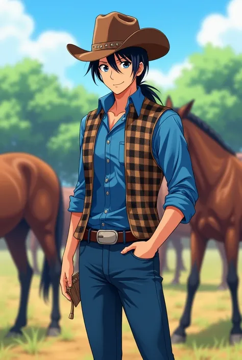 Seiya Kou anime man smiling out loud  (kind look) blue eyes long black hair tied in a low ponytail , blue denim pants blue shirt with this checkered vest brown cowboy brown cowboy hat on the ranch with the horses(handsome cowboy) Full body anime style