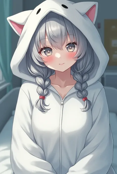   high definition ,  best quality, Gray Hair,hospital, on the bed、 1 girl,  girl、 kigurumi pajamas 、big hood、White pajamas、cat ear pajamas , Very detailed, oversized pajamas,woman,photograph,reality, short hair, braids ,全身photograph,  Grown Ups,Height 134,...