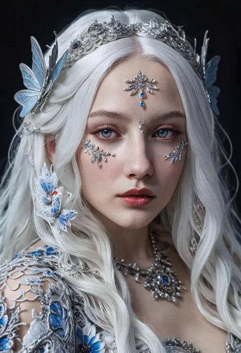 A beautiful Targaryen princess with long,flowing snow-white hair,wearing a butterfly dress,extremely detailed face and eyes,beautiful detailed lips,longeyelashes,intricate butterfly dress,ultra-detailed,8k,highres,masterpiece,photorealistic,vivid colors,dr...