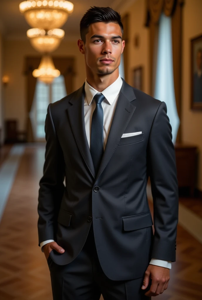 Full body shot of Ronaldo in a suit, small head, extremely detailed skin, in a grand hall, blurred background.