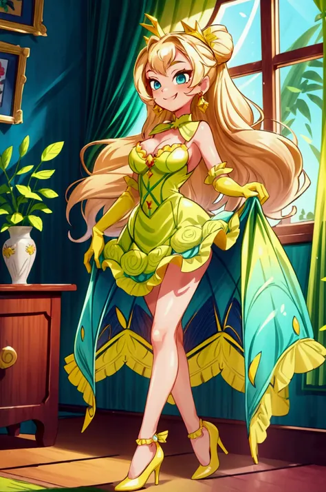 (masterpiece, best quality), 1girl, red and green frill dress, blonde long hair, blue eyes, standing, indoor, intricate detail, sunlight,  green high heel shoes, yellow gloves, earrings, smile, sexy pose, coquette, gorgeous legs, mature woman body, lovely,...