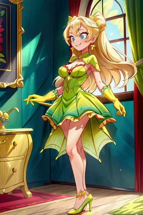 (masterpiece, best quality), 1girl, red and green frill dress, blonde long hair, blue eyes, standing, indoor, intricate detail, sunlight,  green high heel shoes, yellow gloves, earrings, smile, sexy pose, coquette, gorgeous legs, mature woman body, lovely,...