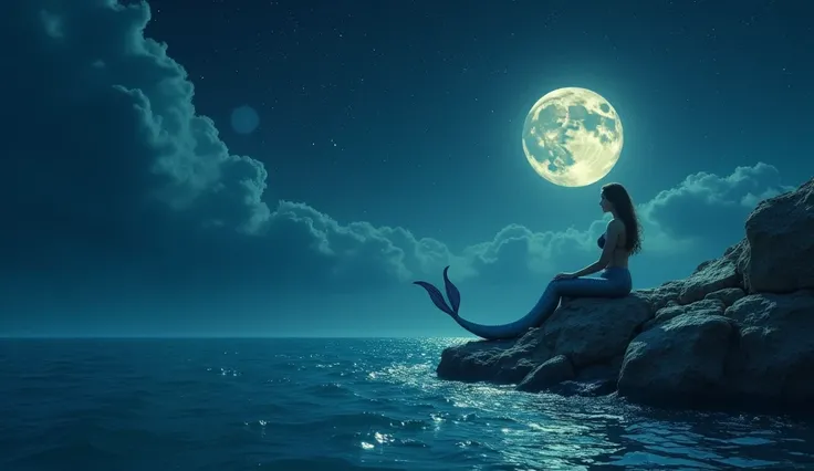 Float many stars from the sea，Gives off a faint glow， Some stars fly to the moon ，Clear sky 。 A mermaid sits on the reef next to it
