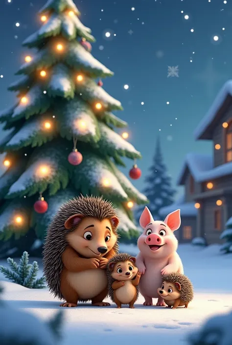 Mom hedgehog with Sid from the Ice Age and a pig in a white Christmas setting with a decorated fir tree 