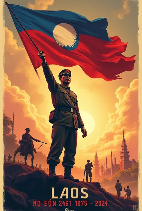 Design a powerful and artistic propaganda poster for Laos National Day, commemorating the countrys revolutionary history from December 2, 1975, to December 2, 2024. The image should feature the vibrant Lao flag waving proudly at the center, with a revoluti...