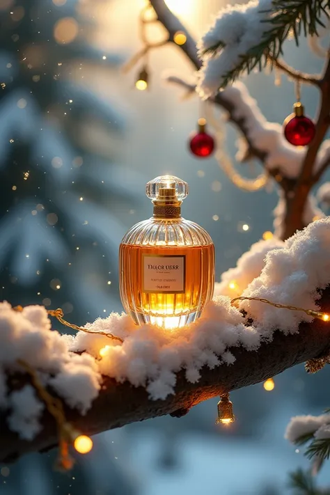 Un flacon de parfum élégant posé sur une branche darbre recouverte de neige légère, avec des lumières scintillantes de Noël dans larrière-plan. Larbre est décoré de guirlandes lumineuses et de petites boules rouges et dorées. Lenvironnement est une forêt e...