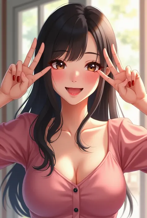 Smiling Japanese Beautiful Girl With Big Breasts、 V sign with both hands