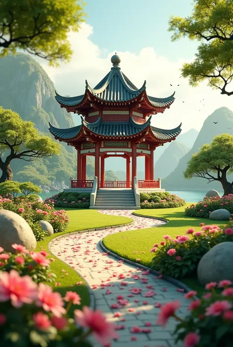  There is a two-story Chinese hexagonal pavilion on a hydrophilic sunny lawn， There is a footpath paved with flower streets around the pavilion ，There are stones and flowers on both sides of the road 