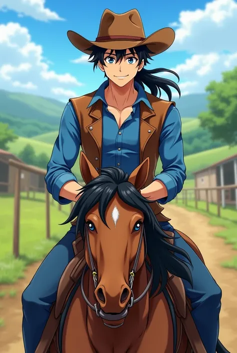 Seiya Kou handsome adult man sexyanime smiling out loud  (kind look) blue eyes long black hair tied in a low ponytail , blue denim pants blue shirt brown vest cowboy brown cowboy hat on the ranch riding a horse(handsome cowboy) Full body anime style