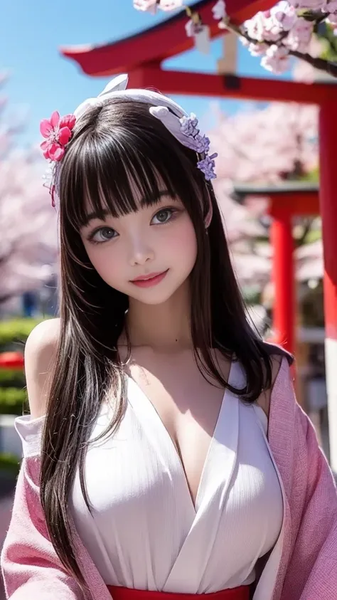 ( off-shoulder 、hanbok:1.1、Hanfu、hanbok:1.1、can、Japanese hairstyle)、( 1 22-year-old girl 、double bun 、 thin body、Big Breasts)、(Narrow street in the shrine grounds where cherry blossoms are in full bloom、torii、Bokeh)、 greatest masterpiece:1.3、Raw photo qual...