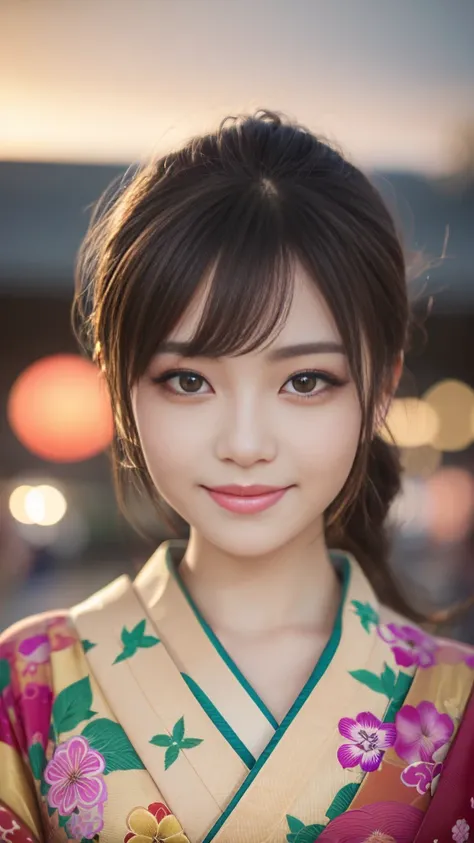 Looking at the camera,(((highest quality, 8k, masterpiece))), Sharp focus, (Beautiful woman with perfect figure), thin,  ((Kimono)), street, Highly detailed face and skin texture Detailed eyes Double eyelid Random pose, (smile),super cute Japan person,supe...