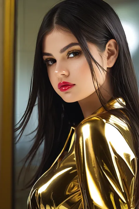 2 Selena Gomez ,  buttoned in extremely tight shiny golden latex blouse,  high resolution ,  masterpiece,  very long hair ,  black hair, Lens reflection, Reflected light, portrait, Necktie 