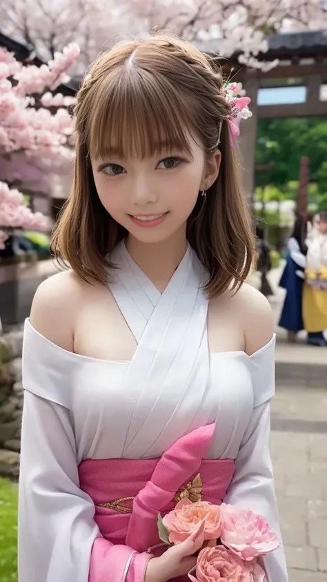 ( off-shoulder 、hanbok:1.1、Hanfu、hanbok:1.1、can、Japanese hairstyle)、( 1 22-year-old girl 、double bun 、 thin body、Big Breasts)、(Narrow street in the shrine grounds where cherry blossoms are in full bloom、torii、Bokeh)、 greatest masterpiece:1.3、Raw photo qual...