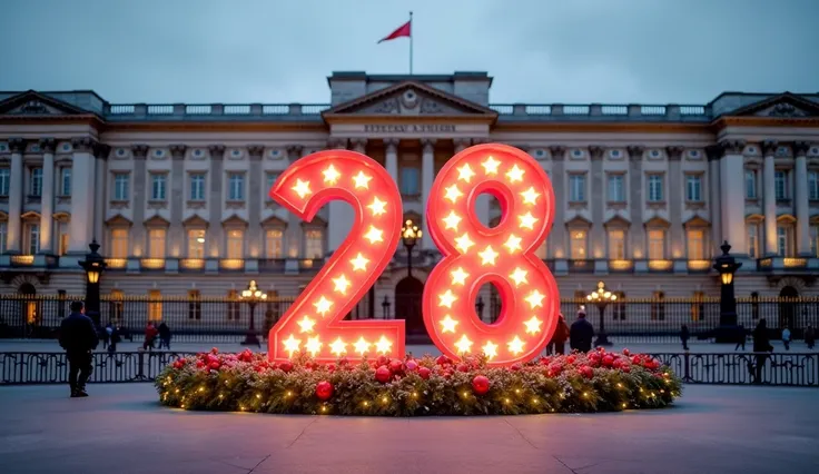 numbers "28" with the letters "days before christmas" is written with the buckingham palace on the background