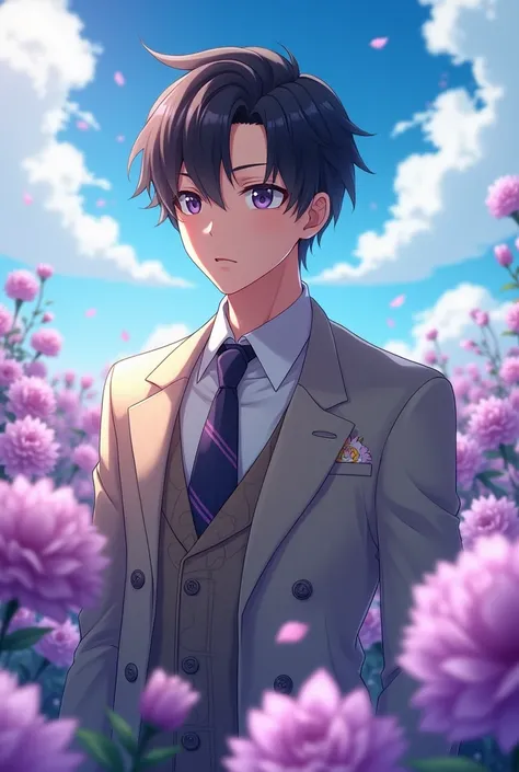 1:1 3d anime man with coat for wedding. icon that in front  the background has purple flowers and the sky is blue 