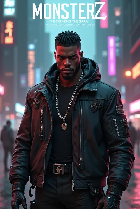 A gaming character, black African male character, with short braids, cyberpunk theme, with the title “MONSTERZ” written in the picture 