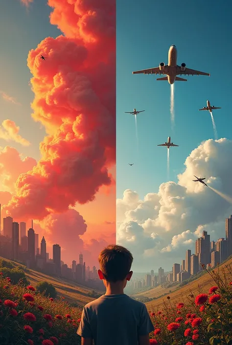 Picture split into 2 parts. Left part shows war airplanes are dropping the bombs to a destroyed city, among the red cloud. The right half of the picture show the paradise with birds are flying on the sky and bugs are on the flowers on the ground, purple cl...