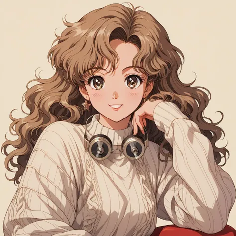  90s anime style,  1990s style , Clear,  1980s Style , (:1.7),   top quality white sweater , 8k, 1 female, only,  Lofi Girl , Lofi Art,  Lofi Feeling ,  in,  Very big eyes , Wearing 1980s clothing, Top shot,  close, smile, Light brown eyes,  Sitting , Spar...