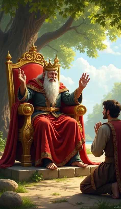 The wise king sitting calmly on his golden throne, raising his hand to make a decision. One farmer is excited and smiling, while the other is kneeling with folded hands, pleading to save the tree. The royal court is watching with curiosity.