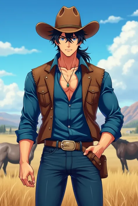 Seiya Kou handsome adult man tall strong sexy anime smiling loud  (kind look) blue eyes long black hair tied in a low ponytail ,  blue denim pants unbuttoned blue shirt brown vest denim brown cowboy hat on the ranch  (handsome cowboy) front view full body ...