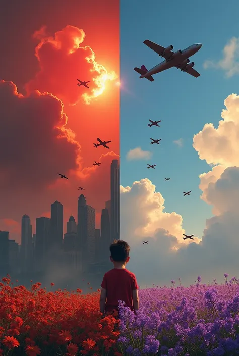 Picture split into 2 parts. Left part shows war airplanes are dropping the bombs to a destroyed city, among the red cloud. The right half of the picture show the birds are flying, reflect of airplanes on the sky and bugs are on the flowers on the ground, p...