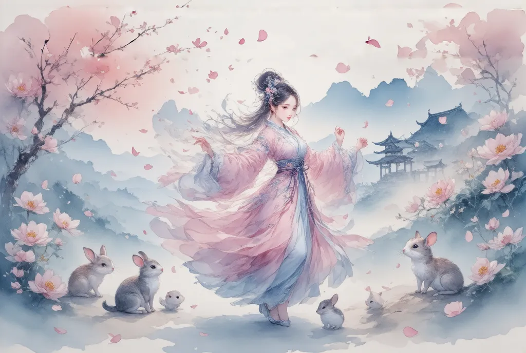 score_9, score_8, score_7, watercolor,  beautiful taoyuan township , the goddess, feather coat,  pink light silk , dancing in ta...