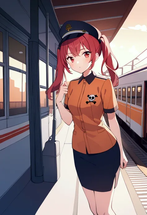 1girl, solo, red hair, red eyes, twintails, employee uniform, pencil skirt, skull print, navy cap, orange sky,, outdoors, train station, standing in front of bus,, 