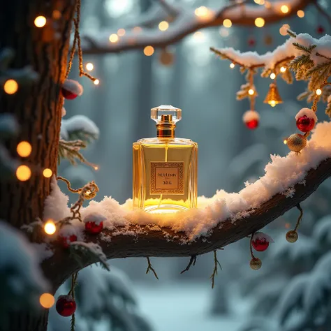 Un flacon de parfum élégant posé sur une branche darbre recouverte de neige légère, avec des lumières scintillantes de Noël dans larrière-plan. Larbre est décoré de guirlandes lumineuses et de petites boules rouges et dorées. Lenvironnement est une forêt e...