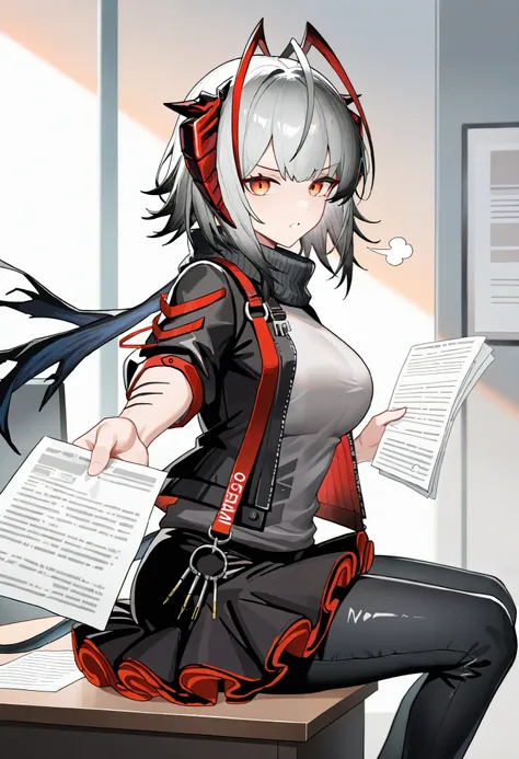 1girl, w(arknights), arknights, from side, looking at viewer, orange eyes, breasts, sitting on desk, holding paper, reaching towards viewer, annoyed, parted lips, sigh, puff of air, office, bloom, masterpiece, best quality, very aesthetic, absurdres