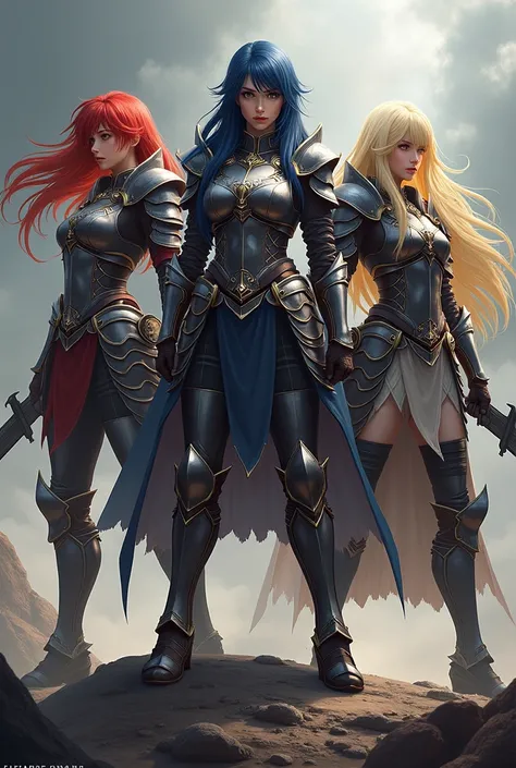  3 female warriors one with red hair, , one with bluish black hair and the other with yellowish white hair , all with armor standing on their backs  