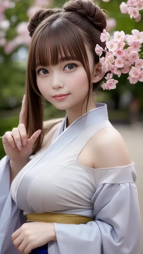 ( off-shoulder 、hanbok:1.1、Hanfu、hanbok:1.1、can、Japanese hairstyle)、( 1 22-year-old girl 、double bun:1.1、 thin body、Big Breasts)、(Narrow street in the shrine grounds where cherry blossoms are in full bloom、torii、Bokeh)、 greatest masterpiece:1.3、Raw photo q...