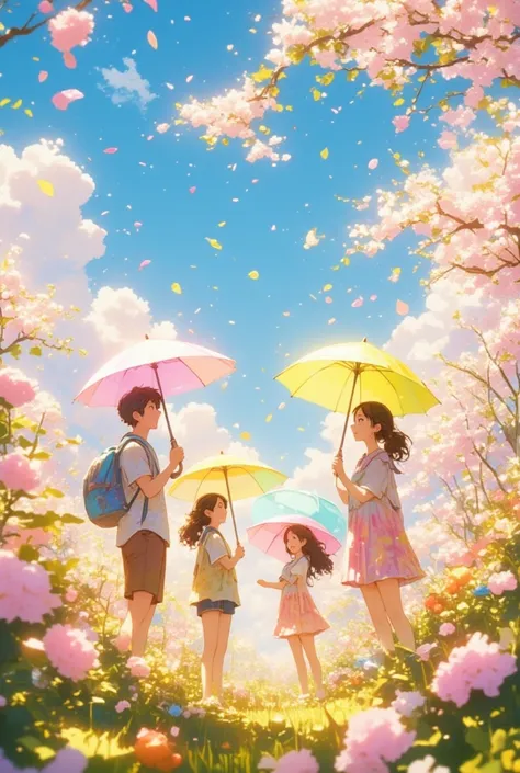 Super realistic illustration, Detailed Fantasy art, an illustration of a beautiful Rain of Petals. a gentle shower of flower petals falling from the sky on a bright, clear day, no cloud. All the snowflakes were magically transformed into flower petals. cou...