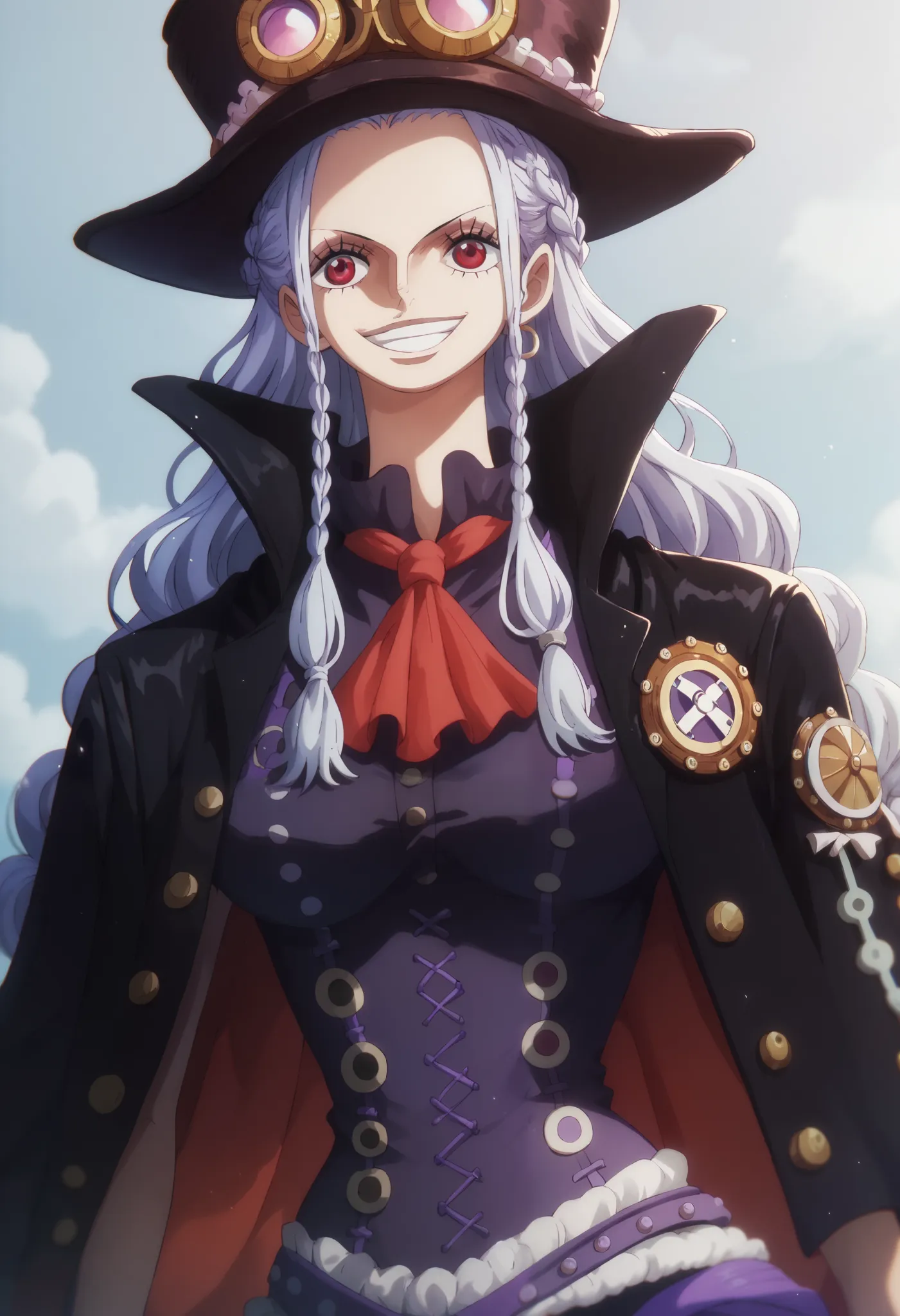 a woman from one piece, long hair, steampunk aesthetic , hat, very dark purple clothes, black jacket , red eyes, silver braids, ...