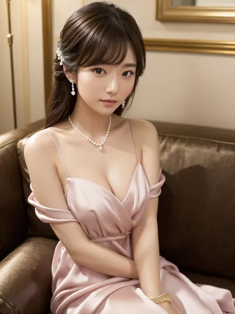  She wears a short silk pastel colored cocktail dress with lots of small jewels sewn with deep slits in a dark night cabaret with romantic lighting One good Japanese woman、( She has brown eyes and dark, shoulder-length, loosely wrapped hair around her back...