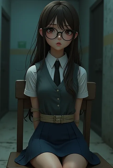 ai girl, bound, long hair, brown eyes, eye glasses, arms together behind back, best quality, ultra-detailed, high resolution, extremely detailed cg, unity 8k wallpaper, masterpiece, perfect skinny body, ai picture, femsub, white elbow sleeves with non-butt...