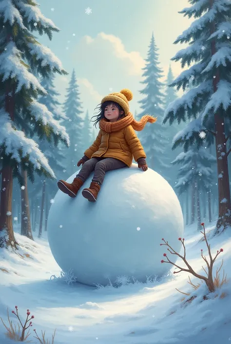 winter. ren in winter clothes ride a big snowball in a clearing in the forest, drawing and detailing . oil painting