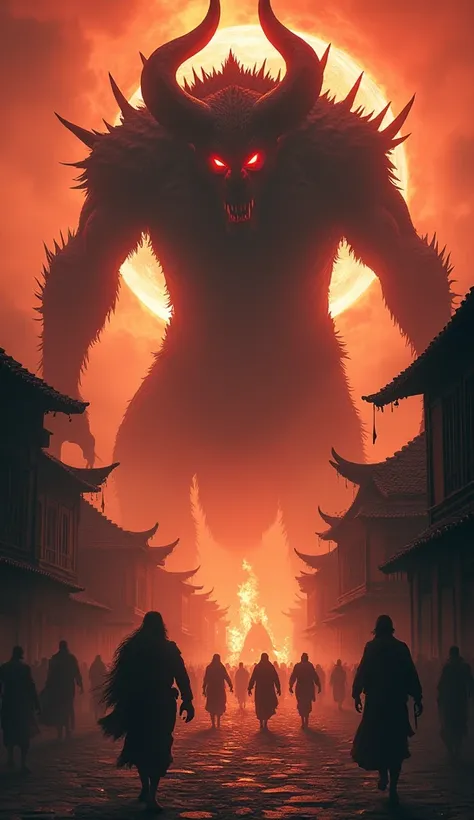 A Very Clear 4K Ultra HD Dynamic Image Of ""A fearsome demon with fiery red eyes, jagged horns, scaly black skin, and sharp claws terrorizing a medieval kingdom. The demon towers over a village, its massive form silhouetted by a fiery glow, while terrified...