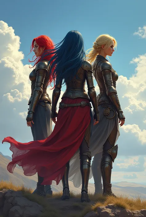 3 female warriors looking backwards into the distance, one with red hair,  one with blue-black hair and the other with ashy yellow hair , with armors standing on their backs  