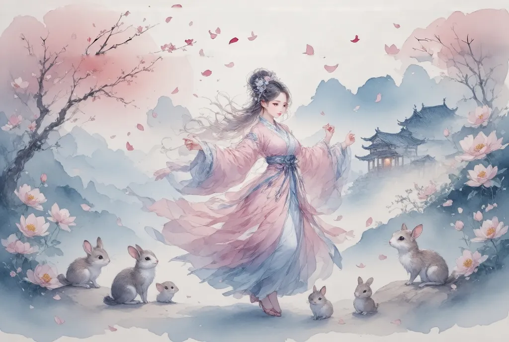 score_9, score_8, score_7, watercolor,  beautiful taoyuan township , the goddess, feather coat,  pink light silk , dancing in ta...