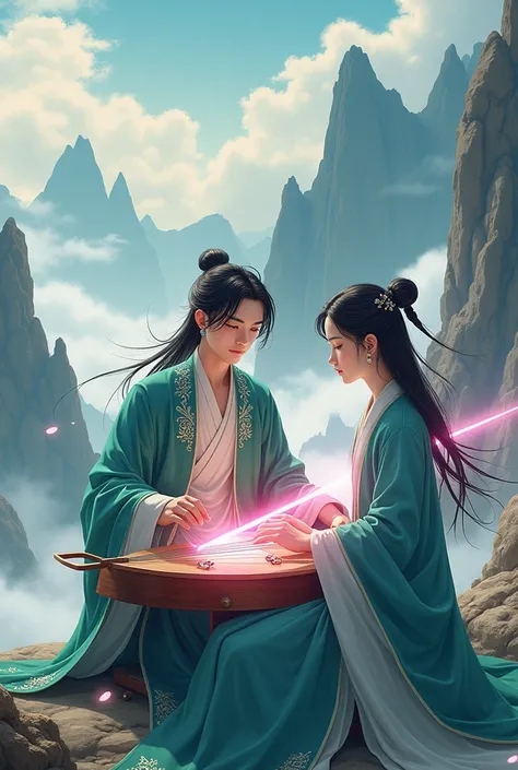  Japanese anime HD  , An image of a young philanthropist and a girl peonist playing a long Chinese GuZheng instrument, one long machine placed flat on his lap. , High-definition images show an 18-year-old Chinese man, a woman. , very handsome,  black-haire...