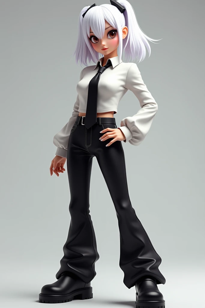 Roblox character, Female Characters,White hair, White Shirt, Black Tie,Black Vibrating Pants 