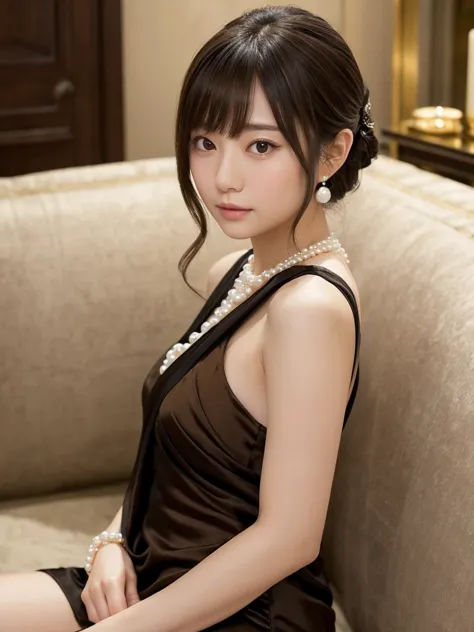 she is a very beautiful and well-styled japanese woman in a dark night cabaret with romantic lighting wearing a short silk cockt...