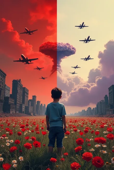 Picture split into 2 parts. Left part shows war airplanes are dropping the bombs to a ruined city, among the red cloud. The right half of the picture show the birds are flying, instead of war airplanes on the sky, and the ground is full of flowers, purple ...