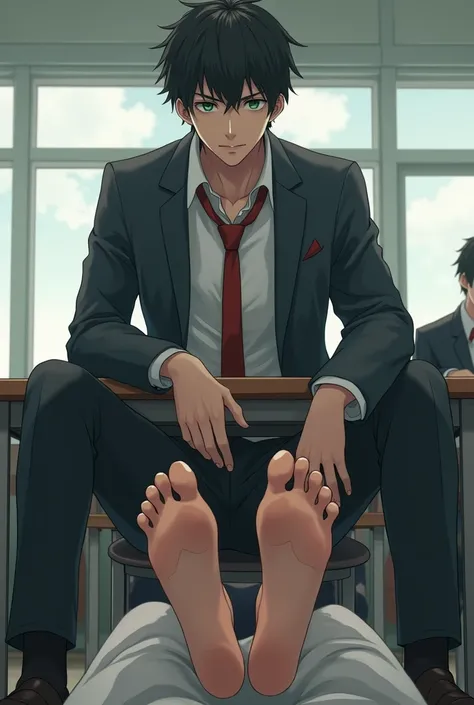  Cute Japanese male protagonist ，Green eyes ，Wearing school uniform， Proud and cold expression ， Sitting on the table in the school classroom ，Looking condescendingly。 Then stretch out your feet ， Spread your toes and touch the face of another male classma...