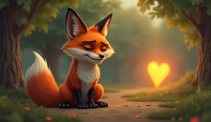 The fox sitting on the ground, looking disappointed yet smug as he mutters to himself, Those grapes are probably sour. The scene captures the foxs inner conflict, with the unattainable grapes glowing enticingly in the distance.