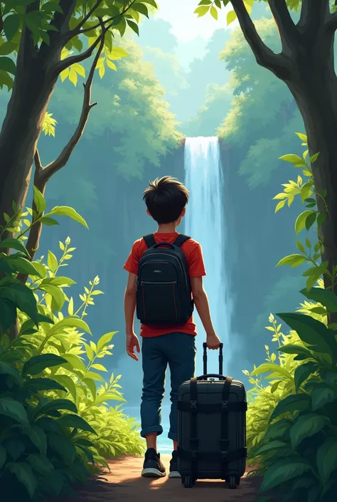 A 20-year-old boy, wearing a red shirt, blue pants and black shoes, went on a journey through the forest. Carrying a black 42 size traveling bag. A jungle with beautiful waterfalls.