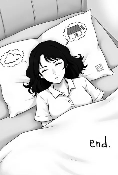  Draw a woman is lying on a bed , with a calm expression.  Her dark and wavy hair extends over the pillow .  He wears a white shirt with a collar .  Above her head are thought bubbles containing images of clouds and a simple house,  indicating that she is ...